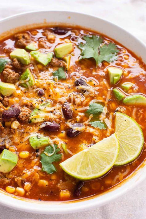 Ground Turkey Taco Soup Crock Pot, Taco Soup With Turkey Meat, Taco Soup With Ground Turkey, Tortilla Soup Ground Turkey, Ground Chicken Taco Soup, Ground Turkey Tortilla Soup, Soup With Ground Turkey Meat, Slow Cooker Ground Turkey Recipes, Soup With Ground Chicken