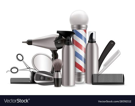 Barber Equipment Tools, Haircut And Beard, Hairdresser Tools, Camera Logos Design, Barber Equipment, Illustration Realistic, Flex Banner Design, Flex Banner, Shaving Foam