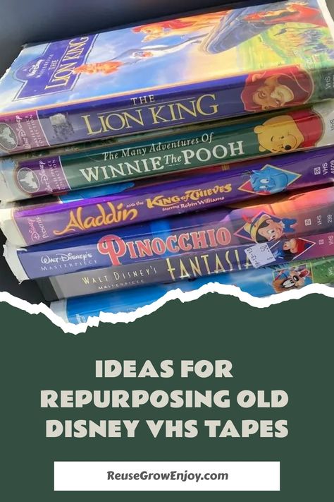 Stack of old Disney VHS tapes with titles visible, suggesting ideas for repurposing them. Upcycle Vhs Case, Vhs Tapes Crafts Diy, Vhs Covers Crafts, Repurposed Vhs Tapes, Vhs Diy Projects, Painted Vhs Tapes, Upcycle Vhs Tapes, Old Vhs Tapes Ideas, Vhs Tape Crafts