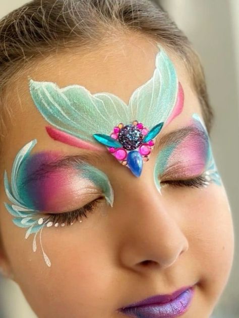 Mermaid Makeup For Kids, Face Paint Party, Mermaid Face Paint, Neon Unicorn, Glitter Face Paint, Fairy Face Paint, Mermaid Makeup Halloween, Halloween Hair Accessories, Professional Face Paint