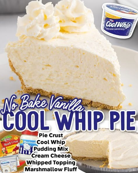 Cool Whip Pie, Cool Whip Recipes, Whip Recipes, Vanilla Pie, Cool Whip Pies, Cool Whip Desserts, Baking Recipes Pie, No Bake Recipes, Chocolate Crust