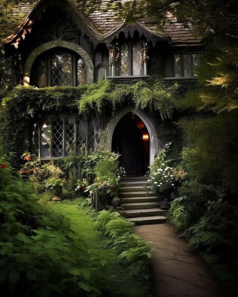 "Forest Gothic Cottages" By... - Beautiful Gothic & more | Facebook Dream Cabin Exterior, Whimsigothic House Exterior, Witchy Houses Exterior, Modern Witch House Exterior, Cathedral House Exterior, Gothic House Architecture, Whimsical House Design, Magical Forest House, Gothic Cottage Exterior