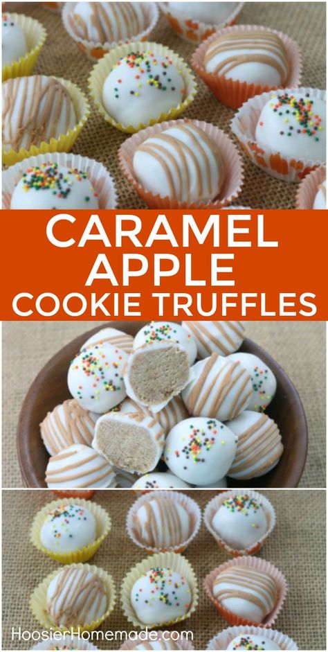 Caramel Apple Oreo Balls, Caramel Apple Truffles, Brownie Squares, Cake Pucks, Caramel Truffles, Cookie Truffles, Apple Treats, Caramel Apple Cookies, Apple Cookie