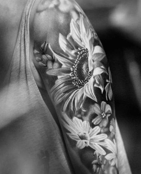 Forearm Cover Up Tattoos For Women Black, Flower Tattoos Realism, Realistic Flower Tattoo Sleeve, Realist Flower Tattoo, Realism Sleeve Tattoo Women, Sunflower Tattoo Realism, Black And Grey Realism Flower Tattoo, Lower Arm Flower Tattoos For Women, Girly Flower Tattoos