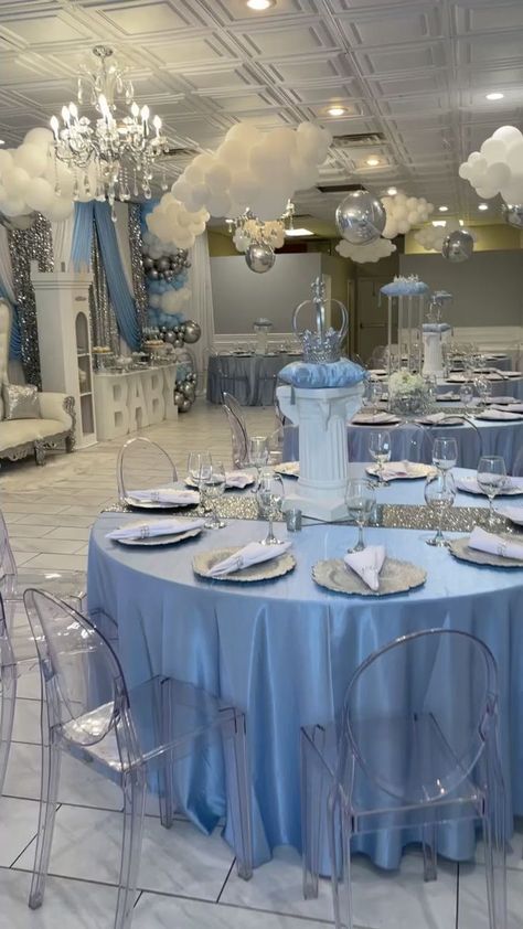 Welcoming a handsome prince 👑 Venue & Decor Included...All you have to do is just show up! 6528 W North Ave Chicago/Oak Park, IL Text Inquiries 708-406-9319 or 773-970-0035 | Chicagoland Luxe Rentals | Chicagoland Luxe Rentals · Original audio Cinderella Debut Theme Ideas, Quinceanera Themes Cinderella, Elegant Cinderella Party, Quince Decor Ideas, Cinderella Quince Decorations, Cinderella Xv Theme, Blue Quinceanera Decor, Baby Blue And Gold Quinceanera Theme, Blue Sweet 16 Theme