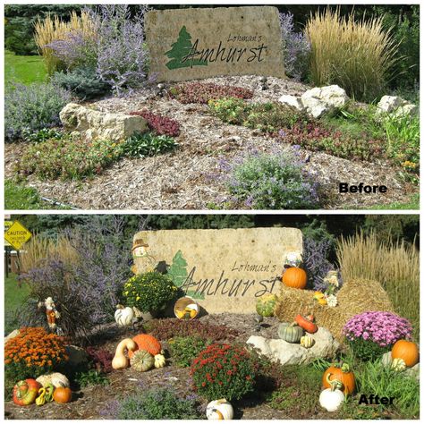 Community Entrance Fall Display Neighborhood Entrance Fall Decor, Subdivision Entrance Fall Decor, Subdivision Sign, Subdivision Entrance, Silver Living Room, Community Development, Autumn Display, Entrance Sign, Mountain House