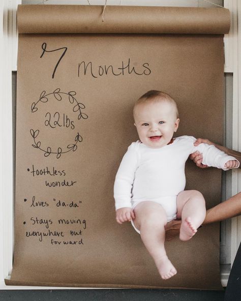 7 month update with Kraft paper Creative Monthly Baby Photos, 3 Month Old Baby Pictures, 7 Month Baby, 2 Month Old Baby, Baby Milestones Pictures, Monthly Pictures, Monthly Baby Pictures, Baby Milestone Photos, 3 Month Old Baby