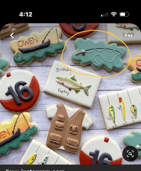 The Big One Fishing Birthday Cookies, Fishing Birthday Party Cookies, Bass Fish Cookies Decorated, Fishing Theme Cookies Decorated, Fishing Birthday Cookies Decorated, Fish Themed Cookies, 30th Fishing Birthday Party, Ofishally 3 Birthday, Fishing 2nd Birthday Party