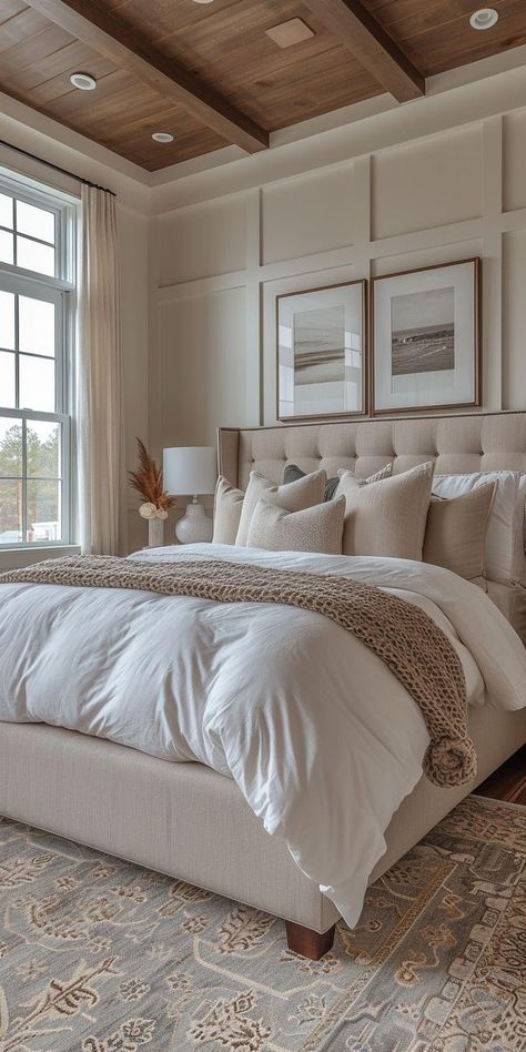 Back Bedroom Ideas, Neutral Modern Master Bed, Coastal Classic Bedroom, Tall Ceiling Bedroom Decor, Vaulted Ceiling Bedrooms, Vaulted Master Ceiling, Vaulted Ceiling Bedroom Decor, Cozy Master Suite Ideas, New Bedroom Ideas For Couples