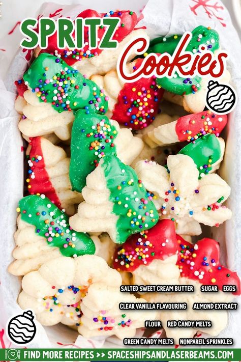 Spritz Cookies Chocolate Spritz Cookies, Cookie Swap Ideas, Butter Spritz Cookies, Classic Christmas Recipes, Christmas Spritz Cookies, Spritz Cookie, Eggnog Fudge, Spritz Cookie Recipe, Spritz Recipe