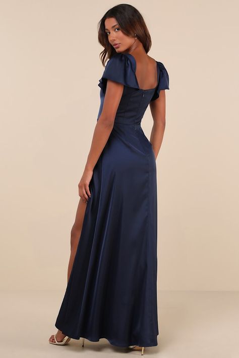 Navy Blue Satin Dress - Flutter Sleeve Dress - Navy Blue Gown - Lulus Prom Dress Thick Straps, Navy Satin Maxi Dress, Winfo Dresses Long, Wedding Guest Dress Flowy, Navy Blue Minimalist Wallpaper, Prom Dresses Midsize, Long Semi Formal Dresses, Navy Formal Dress Long, Navy Dress Formal