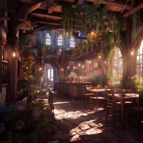 Tavern Fantasy Art Interior, Fantasy Bakery Concept Art, Dnd Shop Art, Fantasy Tavern Concept Art, Fantasy Tea Shop, Fantasy Tavern Art, Magical School Aesthetic, Fantasy Tavern Aesthetic, House Concept Art Interior