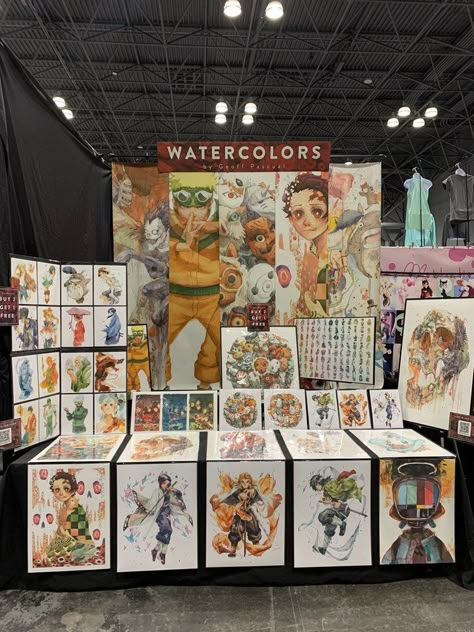 A Beginners Guide to Artist Alley: What to Bring to Your First Convention — Geoff Pascual | Watercolor Anime Artist Bridal Expo Booth Ideas, Bridal Expo Booth, Anime Convention Booth, Expo Booth Ideas, Art Fair Display, Convention Booth, Art Fair Booth, Festival Booth, Anime Artist