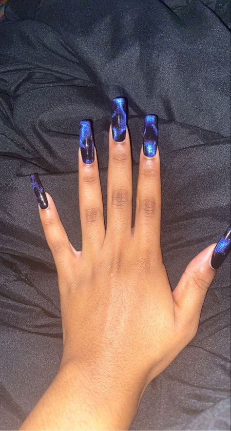 Blue And Black Nails Ideas, Black Blue Nails Acrylic, Blue With Black Nails, Dark Blue Nail Ideas Acrylic Coffin, Nail Designs Blue And Black, Saphire Blue Nail Designs, Midnight Nails Acrylic, Nail Inspo Midnight Blue, Cat Eye Long Nails