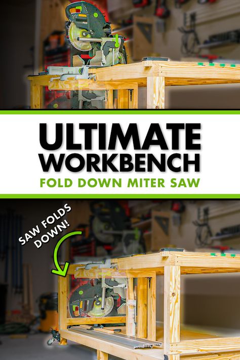 Learn how to build the ULTIMATE workbench, miter saw station, and outfeed table combo for your garage workshop! This workbench is the perfect all-in-one unit for any small shop, with tons of storage, work holding, and it's mobile! Ultimate Workbench Plans, All In One Workbench, Diy Table Saw Workbench Free Plans, Miter Saw Storage, Small Garage Workshop, Workbench Miter Saw, Miter Saw Workbench, Ultimate Workbench, Build A Garage