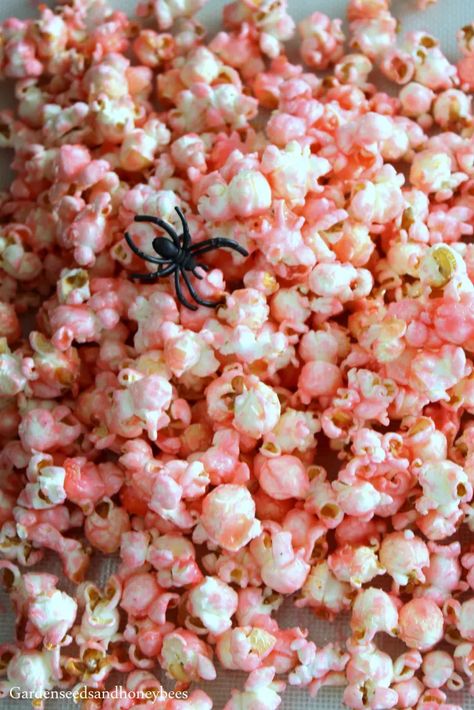 Halloween Pink Starbrust Popcorn - Garden Seeds and Honey Bees Pink Halloween Food Ideas, Air Popped Popcorn Recipe, Popcorn Pumpkin, Pink Halloween Party, Watermelon Wedding, Bacon Egg Salad, Sparkly Halloween, Witches Tea, Halloween Sleepover