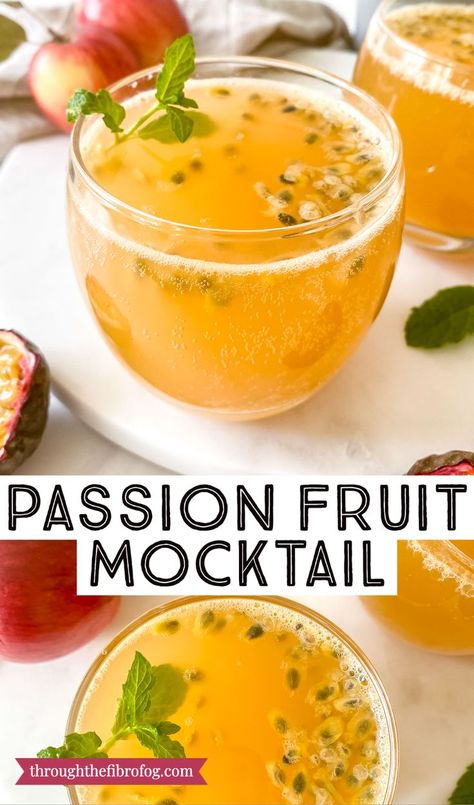 labelled passion fruit mocktail in two glasses next to apples and mint leaves. Best Non Alcoholic Drinks, Low Histamine Foods, Passionfruit Recipes, Fun Summer Drinks, Fibro Fog, Drink Recipes Nonalcoholic, Fruit Cocktail, Infused Water Recipes, Sparkling Drinks