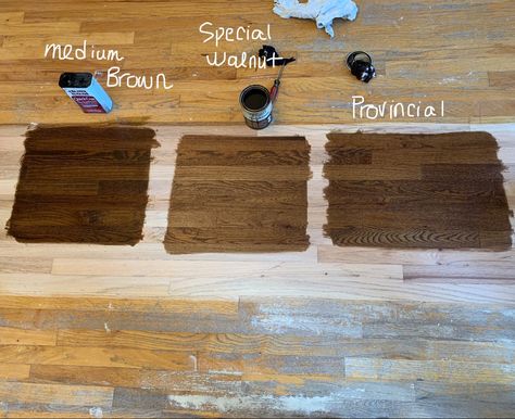 Duraseal (from left to right): medium brown, special walnut, provincial Special Walnut Vs Provincial Stain, Medium Brown Wood Floors, Medium Brown Hardwood Floors, Red Oak Wood Floors, Tennessee Farmhouse, Hardwood Floor Stain Colors, House Paint Design, Oak Floor Stains, Floor Stain Colors