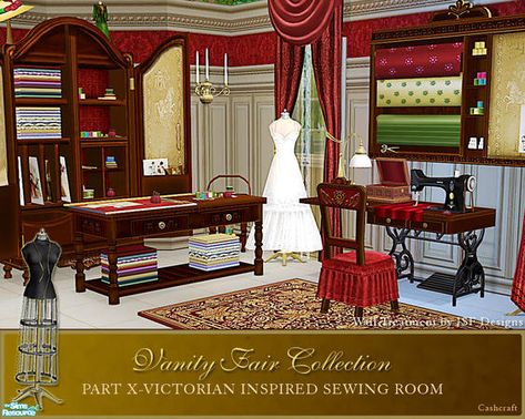 cashcraft's Vanity Fair Sewing Room #Victorian #sewingroom #boudoir #furniture #vintage #antique #TS2 #thesims2 #customcontent #cc Sims 4 Sewing Machine, Vintage Sewing Rooms, Sewing Room Design, Sewing Cabinet, Treadle Sewing Machines, Victorian Ladies, Sims Building, Sewing Rooms, Dream Apartment