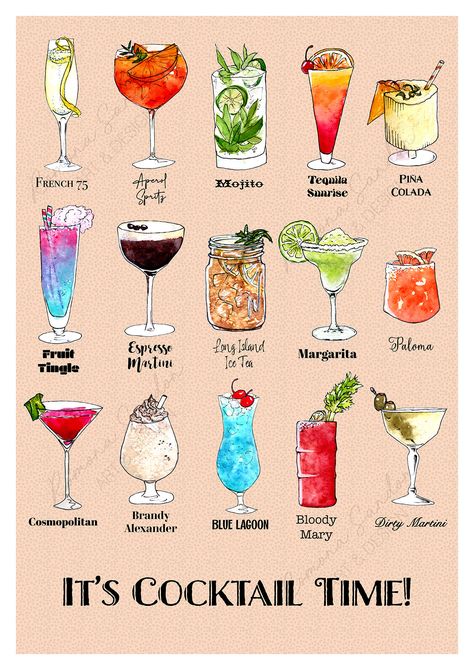 Ready to have a little fun at ‘Cocktail Time’? Get the party started with this awesome art print, featuring colourful watercolours of classic cocktail drinks! Perfect for cocktail aficionados and art lovers alike, it showcases a selection of bubbly drinks bursting with personality thanks to the ink illustrations and vibrant watercolours. Grab a blindfold and some sticky notes, and you have a fun way to kick off your evening - Cheers! Available in two sizes: A4 size (29.7 x 21cm), and A3 size (42 Bubbly Drinks, Cocktail Theme, Sweet 17, Cocktail Illustration, Cocktail Ideas, Cocktail Night, Cocktail Art, Classic Cocktail, Pretty Drinks