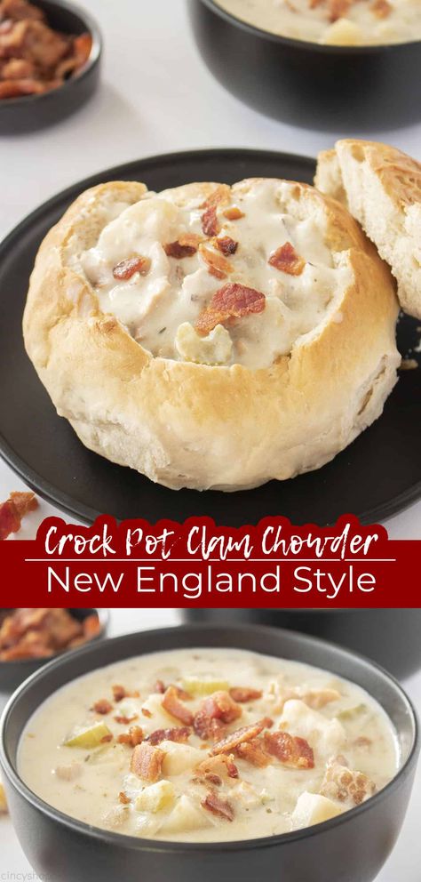 Crock Pot Clam Chowder is a tasty soup recipe that's so easy. Making it New England style gives you a rich & creamy chowder you can't beat! Clam Chowder Recipe Crock Pot, Crock Pot Clam Chowder, Crockpot Clam Chowder, Chowder Recipes Crockpot, Clam Chowder New England, Lobster Bisque Soup, Clam Chowder Recipe, New England Clam Chowder, Crockpot Soup