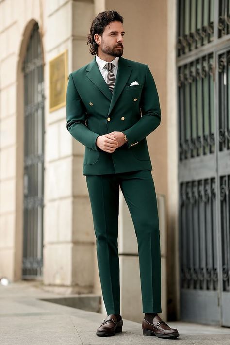 Discover the power of presence in this green double-breasted suit. The bold color, combined with the clean lines, creates a commanding look that’s sure to turn heads.  #greendoublebreastedsuit #formalfashion #mensstyle #boldandsharp #elegantgent #tailoredmenswear #suitupinstyle #dressedtoimpress #standoutfashion #modernformality Coat Pant For Men Suits Wedding Mens Fashion, Green Double Breasted Suit Men, Green Double Breasted Suit, Double Breasted Suit Men, Bow Tie Suit, Modern Fit Suit, Suit Stores, Slim Fit Suit Men, Mens Casual Dress Outfits