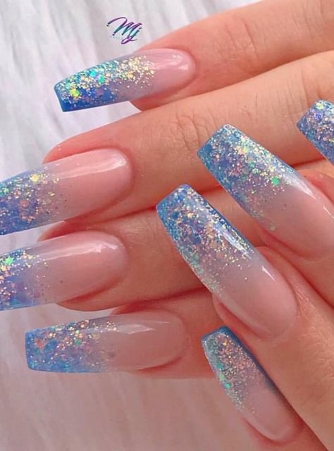 Royal Blue Ombre Nails Glitter, Blue Sparkly Ombre Nails, Ombre Nails Blue Glitter, Blue Ombre Sparkle Nails, Glitter Light Blue Nails, Blue Glitter Ombré Nails, Blue Glitter Ombre Nails Acrylic, Baby Pink And Baby Blue Nails, Baby Boomer Bleu