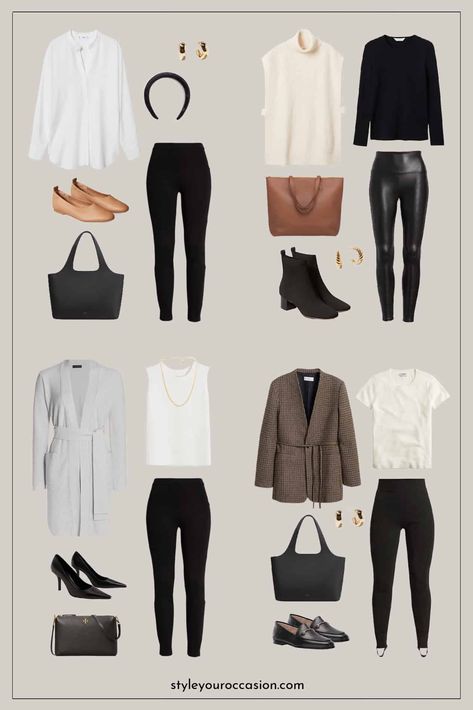 Looking for black leggings outfit ideas or leggings outfits for work? These business casual leggings outfit ideas will keep you feeling chic and sophisticated at the office (and for happy hour after!). Get faux leather leggings outfit ideas, ways to wear trendy stirrup leggings, and more! Black Legging Work Outfit, Dressy Leggings Outfit, Black Leggings Outfit Winter, Leggings Work Outfit, Leggins Outfit, Leggings Outfit Spring, Faux Leather Leggings Outfit, Outfits Leggins, Dressy Leggings