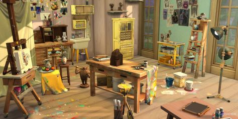 Here's what you can get to design your perfect creative space with The Sims 4: Artist's Studio Kit. Sims 4 Seasons, Sims 4 Cottage, Storybook Nursery, Fashion Designer Studio, Sims Building, Tabletop Signs, Woodworking Table, Work Room, Artist House