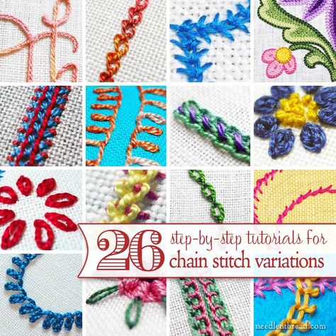 Chain stitch is one of the basic embroidery stitches, but it has so many variations! Here's a list of 26 variations on chain stitch, with tutorials for each of them. Basic Embroidery, Basic Embroidery Stitches, Embroidery Stitches Tutorial, Pola Sulam, Brazilian Embroidery, Crewel Embroidery, Hand Embroidery Stitches, Bag Crochet, Embroidery Ideas