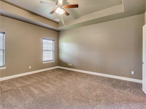 Master bedroom designed with earth tones. Tan carpeting, green walls, and dark wooden ceiling fan! Tan Living Room, Tan Walls, Ceiling Fan Bedroom, Modern Basement, Bedroom Wall Colors, Colored Ceiling, Trendy Living Rooms, Empty Room, Bedroom Color Schemes