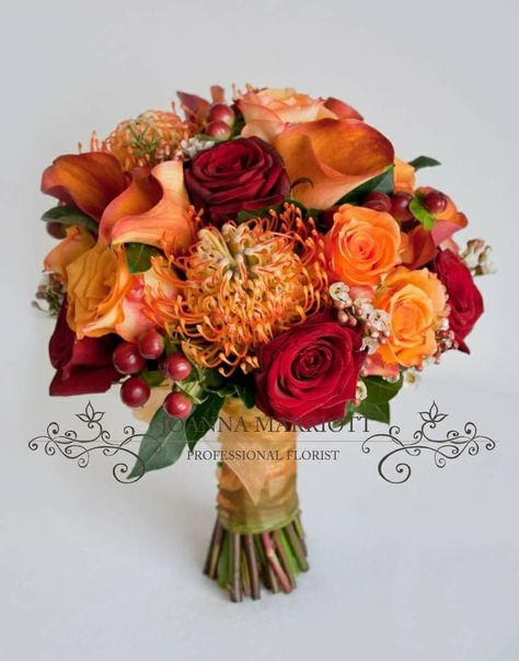 Red Orange Bridal Bouquet, Red Yellow And Orange Wedding, Orange Red Wedding Theme, Orange And Red Wedding Theme, Red And Orange Bouquet, Red And Orange Wedding Theme, Red Orange Bouquet, Bridal Bouquets Fall, Wedding Bouquets Orange