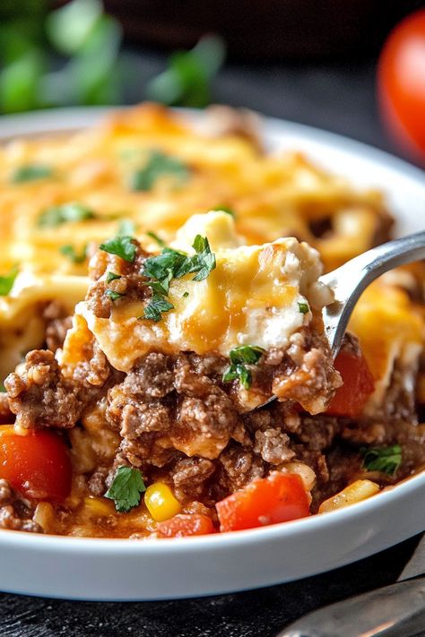 Beef Lombardi Casserole - Taste Of Recipe Beef Tortellini Casserole, Beef Lombardi Casserole Recipe, Beef Lombardi Casserole Southern Living, Angel Beef Casserole, Mexican Hamburger Casserole Recipes, Beef Lombardi Casserole, Lombardi Casserole, Beef Lombardi, Casserole With Beef