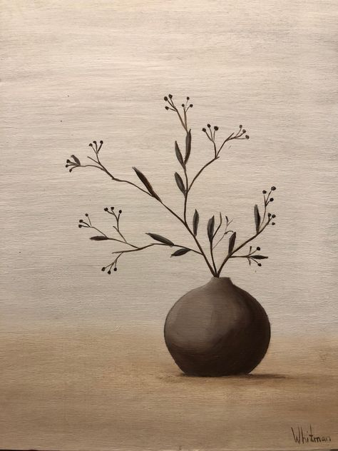 Brown vase with twig branches. Oil painting by Elena Whitman. Vase Painting Ideas Canvas, Flower Vase Art, Vase Watercolor, Vase Oil Painting, Roses Art, Brown Vase, Abstract Art Painting Techniques, Learn Watercolor, Art Basics