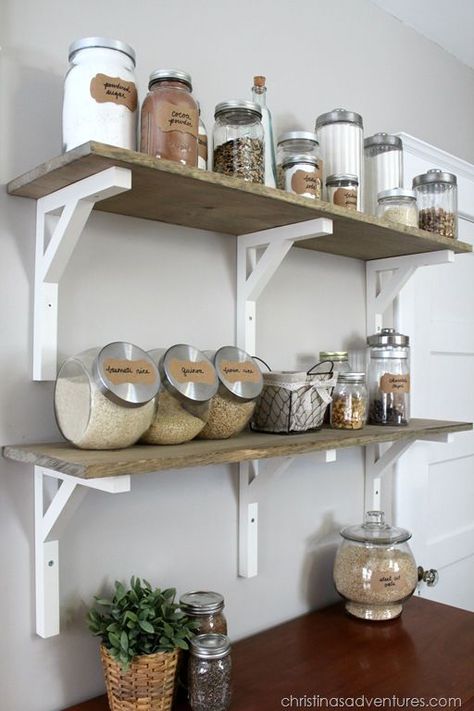 Open Shelving Pantry - a great way to make a small kitchen work AND look amazing!  Plus a genius idea to hide the "ugly" stuff- a must pin! Organiser Cucina, Desain Pantry, Events Ideas, Diy Kitchen Storage, Kitchen Storage Solutions, Trendy Kitchen, Decor Minimalist, Kitchen Makeover, Kitchen Shelves