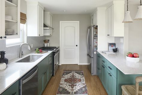 Green Cabinets With Stainless Appliances, Semihandmade Quarterline Kitchen, Quarterline Semihandmade, Semihandmade Tahoe Kitchen, Shotgun Kitchen, Kitchen Half Wall, Interior Design Green, Residential Kitchen, White Upper Cabinets