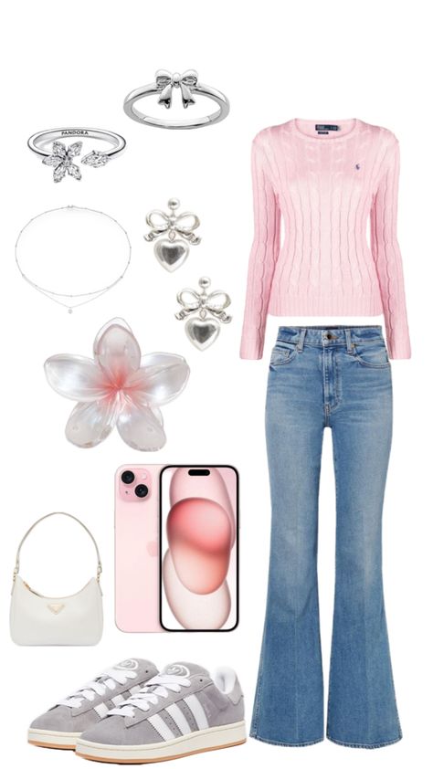 Ralph Laurent pink shirt , jeans , adidas campus , flower clip , rings , earrings , prada bag , iPhone 15 and necklace : more information on the item Adidas Campus Outfit, Ralph Laurent, Campus Outfit, Adidas Campus, Cute Fit, Flower Clip, Pink Adidas, Pink Shirt, Preppy Outfits