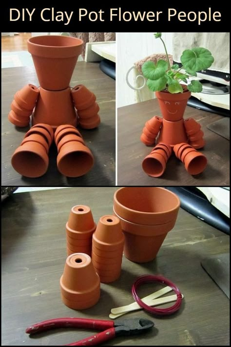 How To Paint Eyes On Clay Pots, Claypot People Diy Projects, Clay Pot Landscaping Ideas, Terracotta Pots People, Flower Pot People Diy How To Make, Clay Pot People Instructions, How To Make Flower Pot People, Plant Pot People Terra Cotta, Christmas Clay Pot People