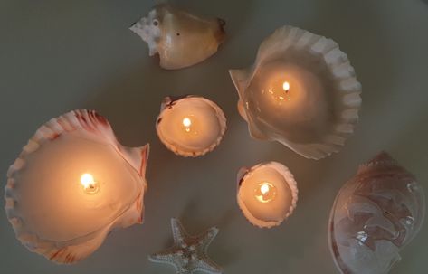 Aesthetic Seashell Diys, Seashell Candles Aesthetic, Seashell Night Light, Diy Seashell Candles, Sea Shell Candle, Seashell Candles, Shell Candles, Candle Aesthetic, Blue Candles