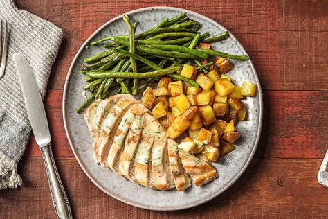 Creamy Dill Chicken Hello Fresh Creamy Dill Chicken, Roasted Potatoes And Green Beans, Dill Chicken, Potatoes And Green Beans, Balsamic Pork, Pan Seared Chicken, Hello Fresh Recipes, Pan Dinners, Pork Recipe