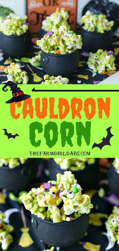 Double, double toil and trouble, Fire burn, and cauldron bubble. Stir up a batch of this ghoulish Cauldron Corn for some Halloween fun. #Halloween #Halloweenparty #HalloweenCandy #Snacks #Popcorn Cauldron Snack Ideas, Witch Snacks Party Ideas, Bubble Couldren Halloween, Mini Cauldron Food Ideas, Witch Snacks, Halloween Popcorn Bar, Halloween Eats, Halloween Sleepover, Halloween Cauldron