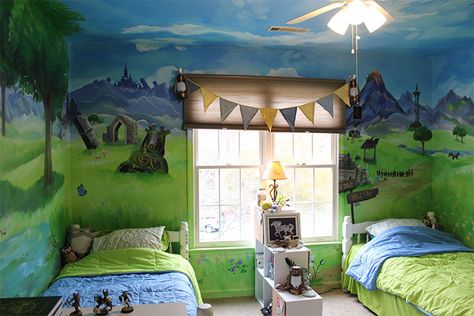 Legend Of Zelda Room, Zelda Room Decor, Zelda House, Zelda Nursery, Zelda Bedroom, Zelda Room, Zelda Dungeon, Sister Bedroom, Bedroom Mural