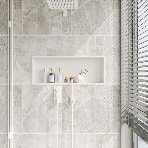 Neodrain 30X12Inch Shower Niche, White Stainless Niche NO Tile Needed Recessed Niche Shower for Bathroom Storage - Amazon.com Vertical Shower Niche, Shower Niche Placement, Recessed Niche, White Marble Shower, Marble Showers, Shower Niche, Bathroom Inspo, Shower Wall, Bathroom Storage