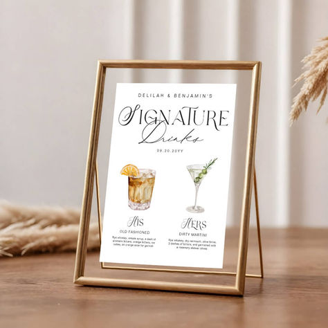 Signature Drink Wedding, Watercolor Drinks, Drink Wedding, Signature Cocktail Menu, Wedding Drink Sign, Signature Cocktails Wedding, Old Fashioned Drink, Drinks Sign, Wedding Signature Drinks