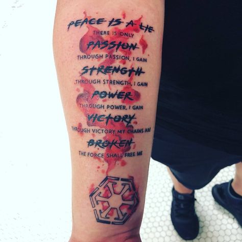 Star Wars Sith Code Tattoo, Sith Tattoo, Star Wars Sith, Jedi Order, Forearm Tattoos, Cthulhu, Arm Tattoo, Watercolor Tattoo, Tatting