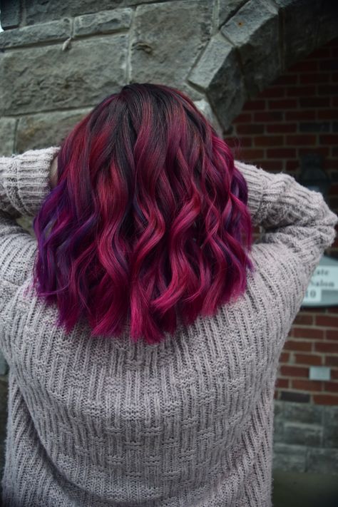 Burgundy To Purple Ombre Hair, Balayage Hair Bright Colors, Bold Color Hair Ideas, Red Hair With Purple Streaks, Brown To Magenta Ombre Hair, Red And Purple Ombre Hair, Vibrant Color Hair, Magenta And Brown Hair, Magenta Hair Ombre