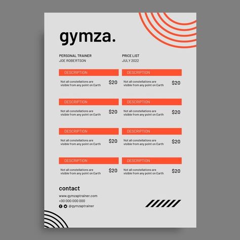 Free Vector | Free vector personal trainer price list Personal Trainer Price List Design, Physical Fitness Assessment Form, Personal Trainer Program Design, Graphic Design Services Price List, Personal Trainer Flyer Templates, Price List Design, List Design, Graphic Design Trends, Online Training