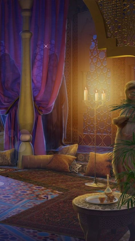 Arabian Nights Bedroom, Arabian Palace, Painting Idea For Beginners, House Dayne, Arabian Nights Aesthetic, Middle Eastern Decor, Dark Sun, Episode Backgrounds, Fantasy Rooms