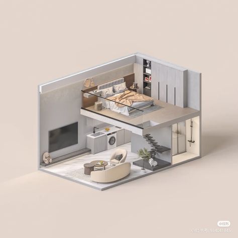 3d Apartment, Korean Apartment Layout, Isometric House Interior, Small Korean Apartment Layout, Student Housing, Tiny Japanese Apartment Floor Plans, Korean Loft Apartment Floor Plan, Small Apartment Plans, Loft House Design