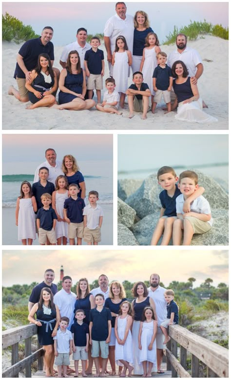 Beach Family Photos Outfits Navy Blue, Large Family Photo Outfits Beach, Navy Photoshoot Family, Navy Blue And White Family Pictures, Family Picture Ideas Summer, Navy Blue Photo Outfits Family Portraits, Family Photos Navy And White, Navy And White Family Pictures, Big Family Beach Photos